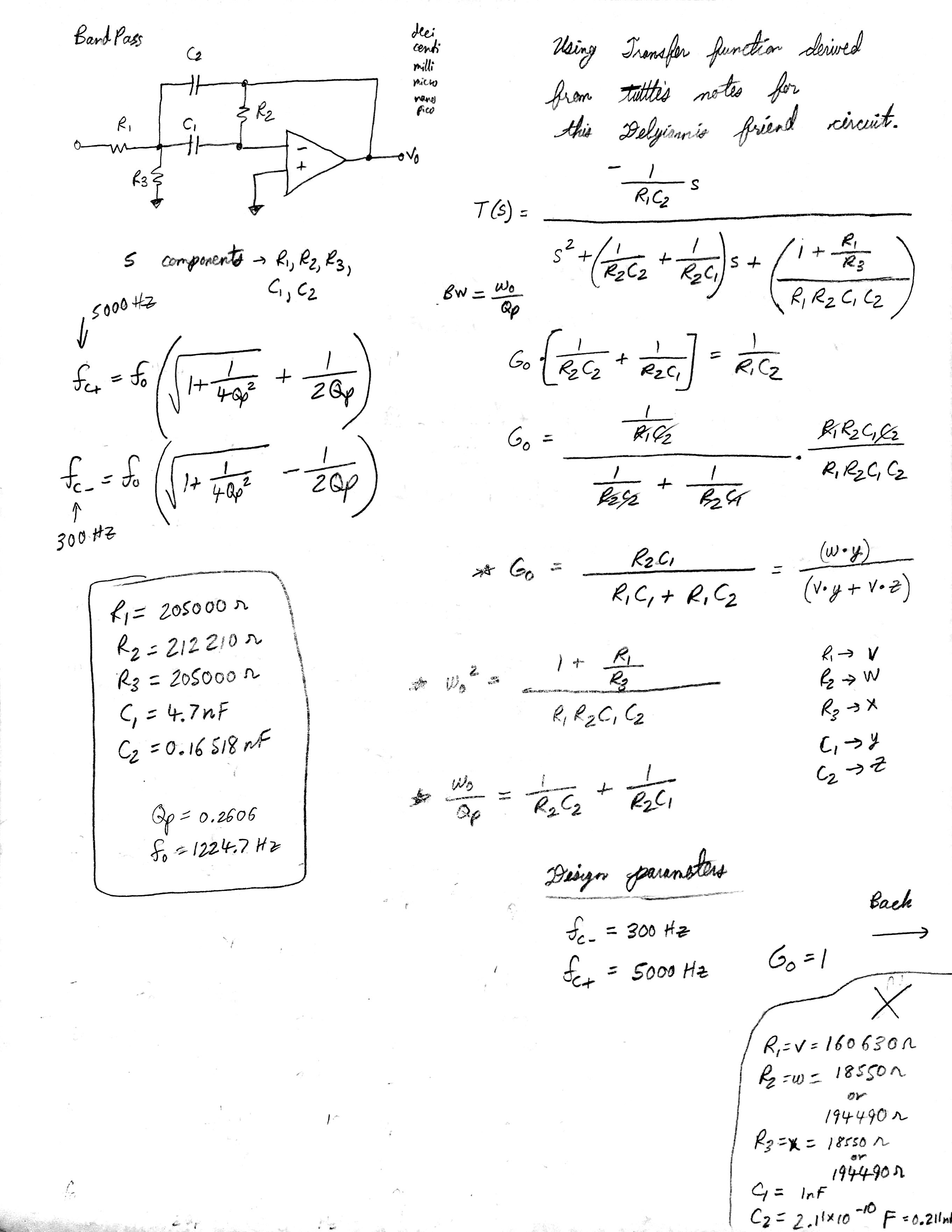 Handwritten band-pass filter component calculations