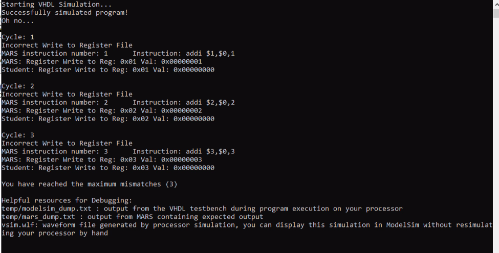Terminal output from the automated processor testing framework
