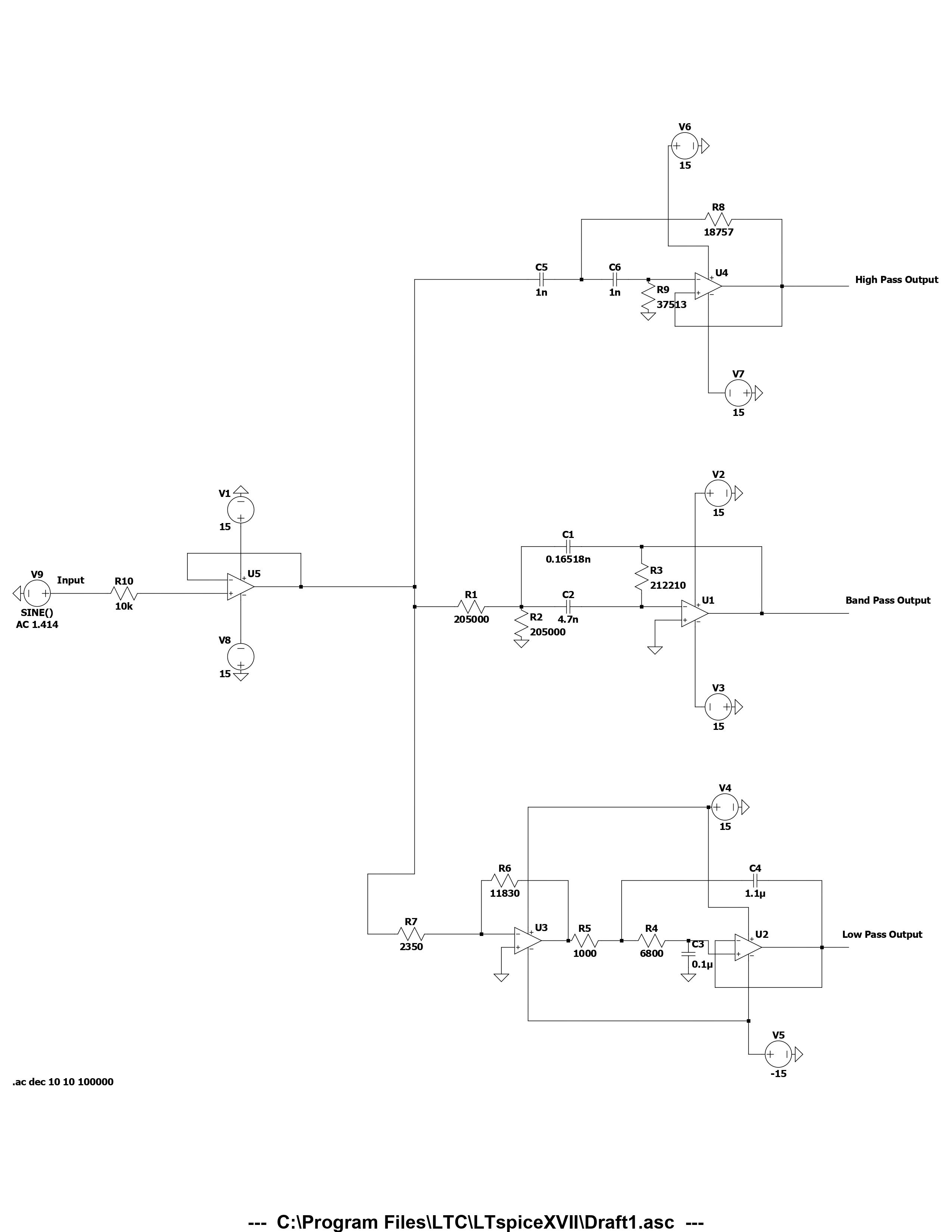LTspice schematic of the complete three-band crossover network