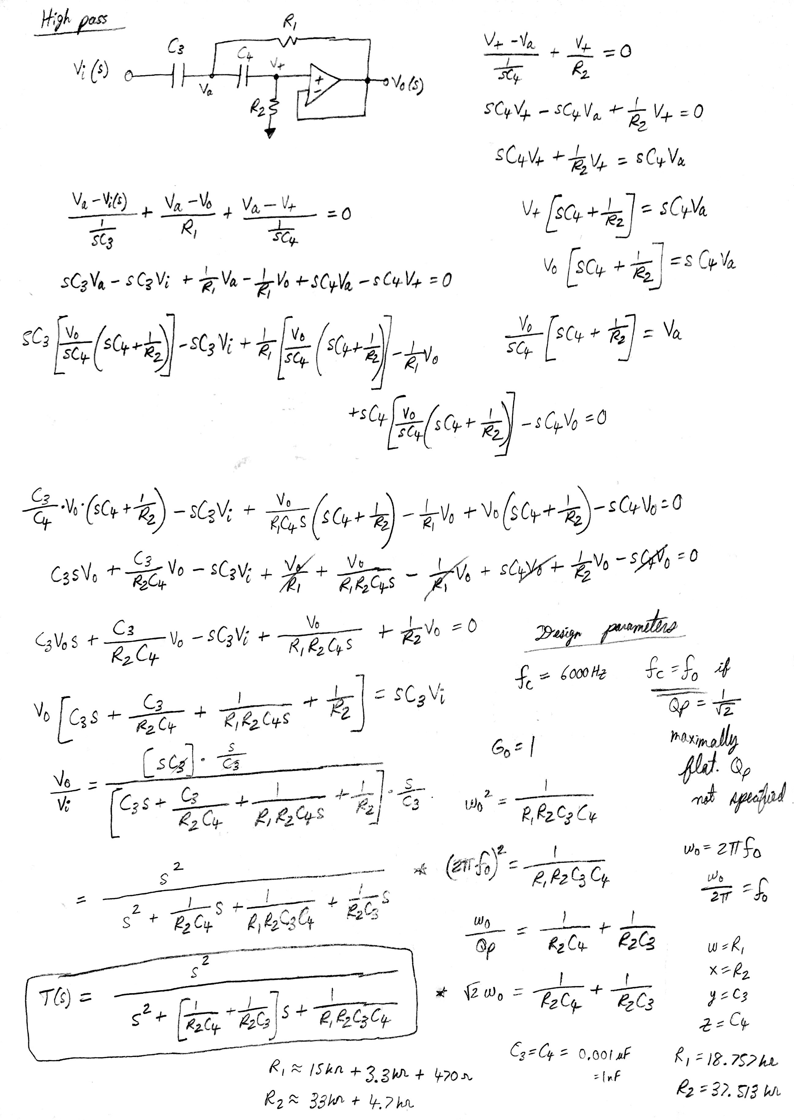 Handwritten high-pass filter component calculations