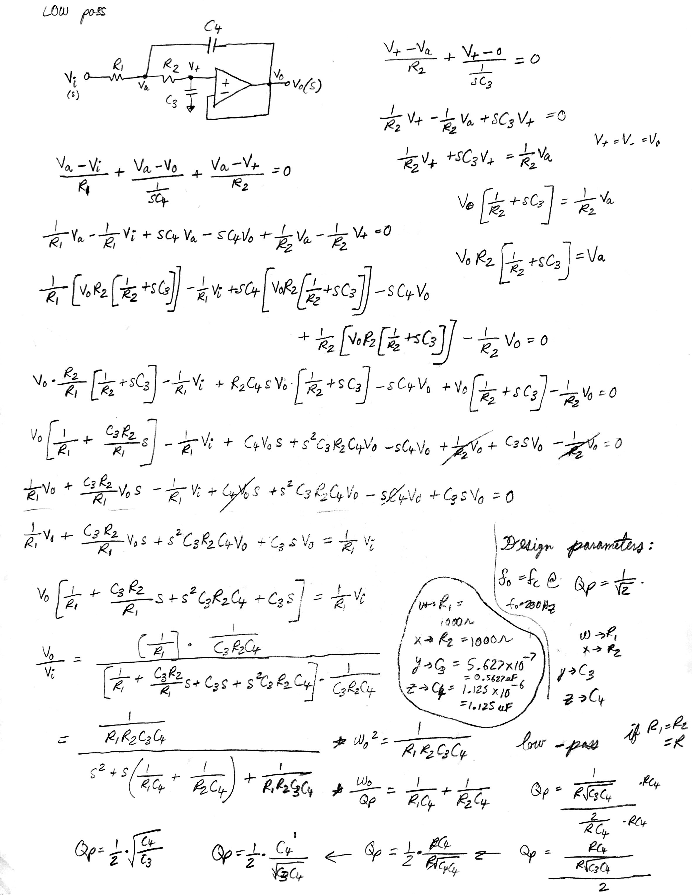 First page of handwritten low-pass filter component calculations