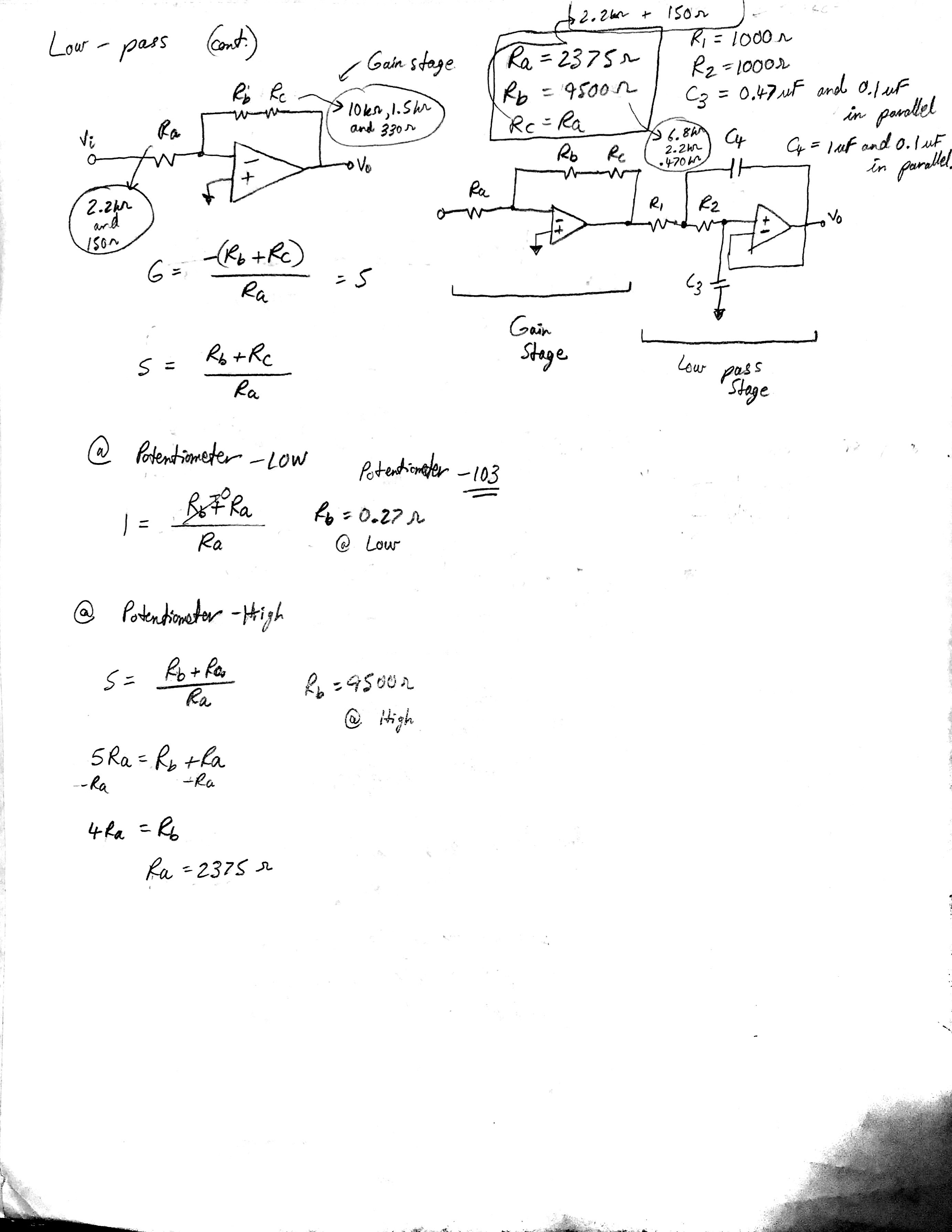 Second page of handwritten low-pass filter component calculations