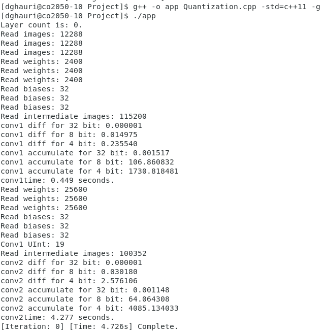 Console output from the quantized DNN code simulations